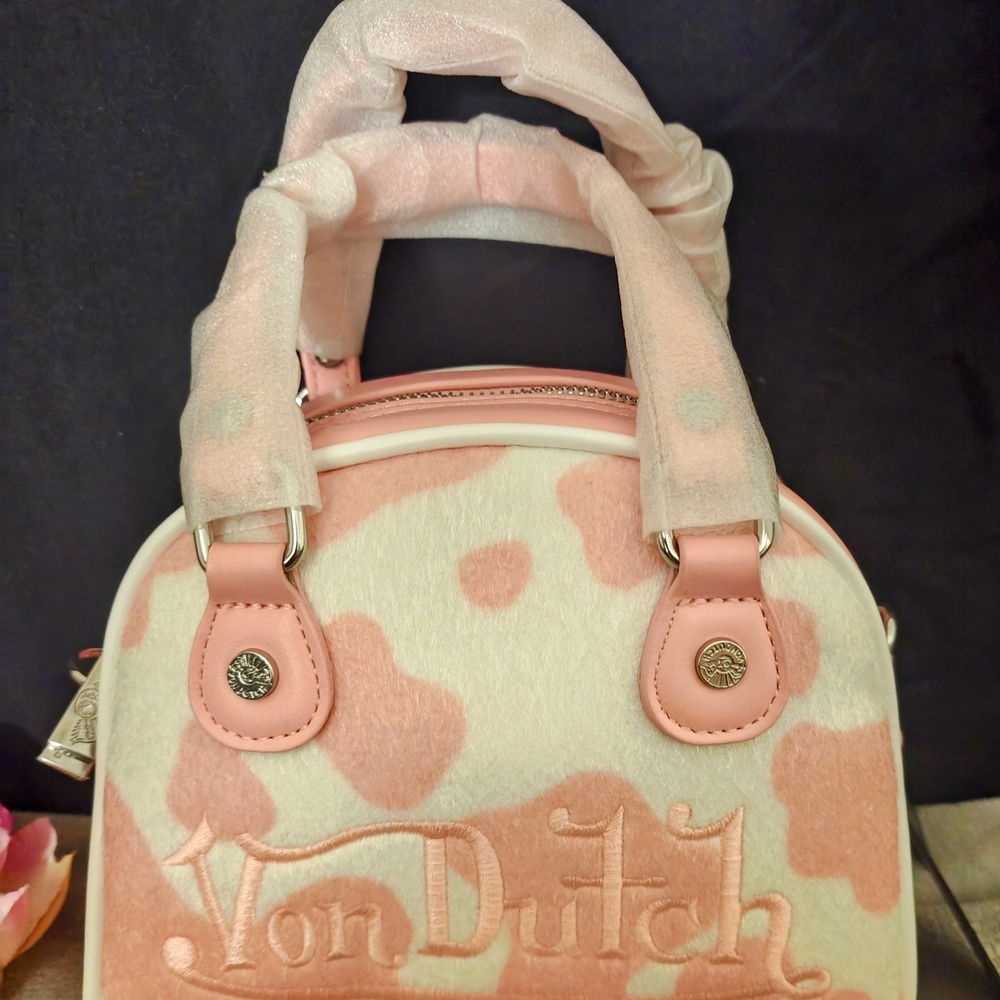 Von Dutch Pink and White Cow Print Bowling Bag